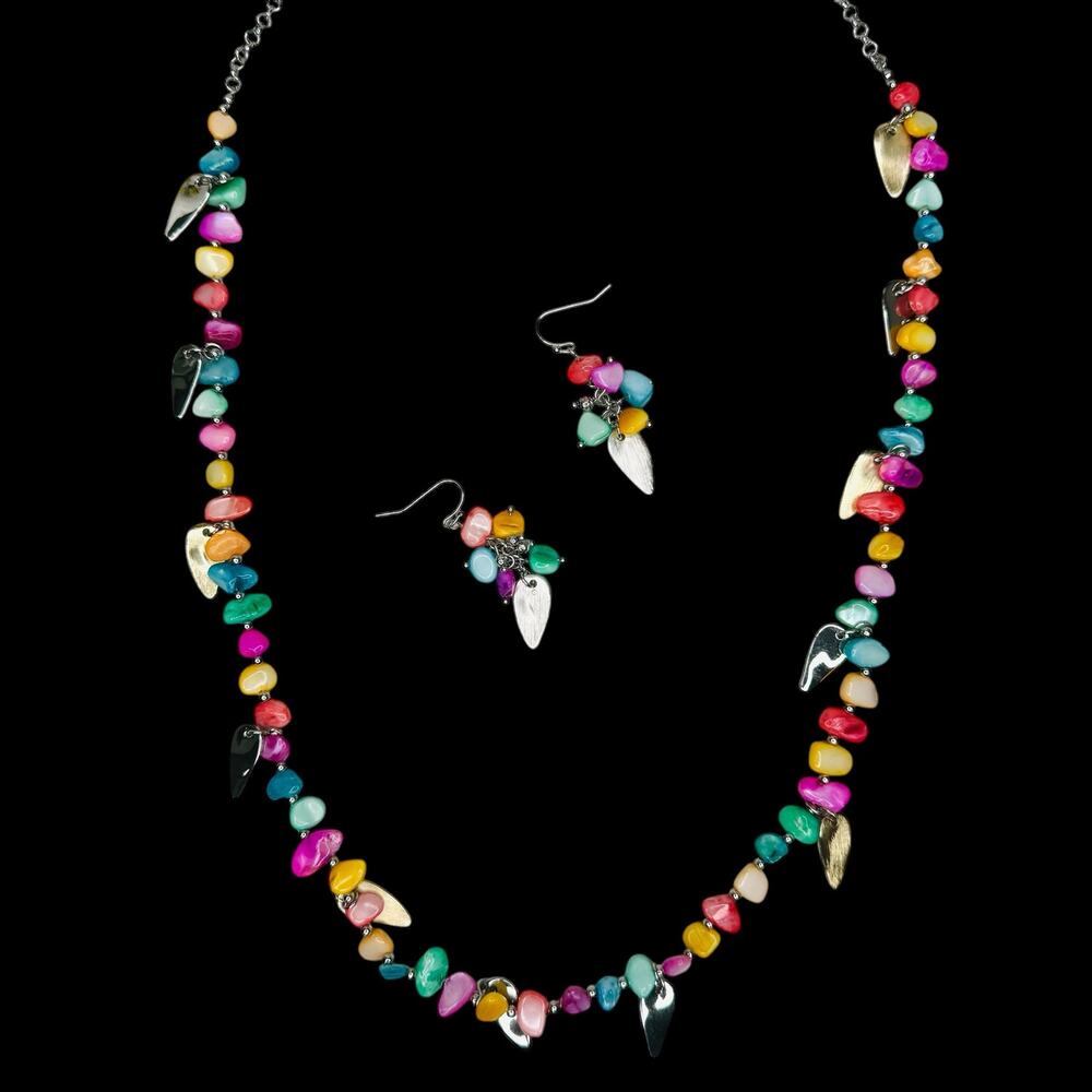 Chico's SET Multicolor Agate Gemstone & Silver Long Necklace and Drop Earrings